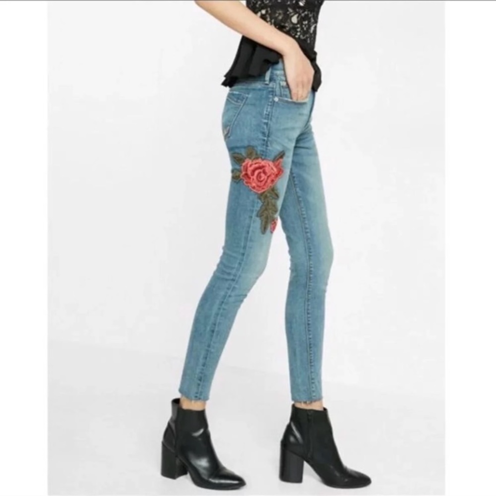 Express Embroidered Floral Rose Jeans